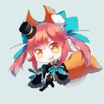  1girl animal_ears caster_(fate/extra) chibi colivt fang fate/extra fate_(series) fox_ears fox_tail hat mini_top_hat pink_hair solo tail top_hat yellow_eyes 