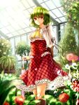  1girl arm_ribbon ascot blurry boots breasts closed_umbrella corset cross-laced_footwear depth_of_field flower green_hair greenhouse highres juliet_sleeves kazami_yuuka large_breasts long_sleeves looking_at_viewer puffy_sleeves red_eyes shironeko_yuuki shirt skirt smile solo touhou umbrella 