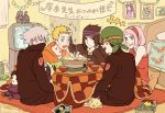  1girl 4boys bed bowl cat character_doll chopsticks dashi_(minzoku_gb) dog drooling food goggles haruno_sakura hatake_kakashi headband highres hotpot hyuuga_hinata kishimoto_masashi_(character) kotatsu multiple_boys namikaze_minato naruto naruto:_the_last ootsutsuki_kaguya photo_(object) sai senju_hashirama sparkle sweatdrop table television uchiha_madara uchiha_obito uchiha_sasuke uzumaki_kushina uzumaki_naruto yamato_(naruto) 