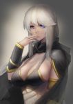  1girl ashe_(league_of_legends) blue_eyes breasts cleavage highres league_of_legends long_hair looking_at_viewer silver_hair sky_of_morika solo 