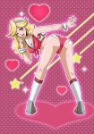  1girl ;) ass bent_over blonde_hair boobies_uniform breasts cleavage finger_to_mouth from_behind front-tie_top hairband honey_(space_dandy) karoll_ann long_hair looking_at_viewer one_eye_closed red_eyes short_shorts shorts smile socks solo space_dandy standing wrist_cuffs 