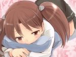  1girl blush brown_eyes brown_hair hair_ornament kantai_collection long_hair no_hat pillow pillow_hug primary_stage ryuujou_(kantai_collection) skirt solo twintails 