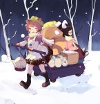  2girls absurdres animal_ears basket black_hair blush_stickers boots brown_eyes brown_hair cart closed_eyes futatsuiwa_mamizou glasses gourd hat highres inaba_tewi itohime kettle leaf leaf_on_head multiple_girls night open_mouth rabbit_ears raccoon_ears raccoon_tail smile snowing tail touhou tree winter 