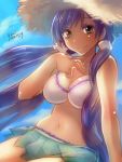  1girl arm_support bare_shoulders between_breasts bikini bikini_skirt breasts card card_between_breasts green_eyes hat large_breasts long_hair looking_at_viewer love_live!_school_idol_project midriff purple_hair sitting smile solo straw_hat swimsuit toujou_nozomi twintails white_bikini white_swimsuit yumi_yumi 