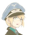  1girl blonde_hair green_eyes hanna_rudel hat iron_cross jacket long_hair military military_uniform nose_scar open_mouth peaked_cap ponytail scar shiratama_(hockey) simple_background solo strike_witches traditional_media uneven_eyes uniform white_background 
