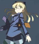  1girl animal_ears ascot black_legwear blonde_hair blue_background bren_lmg cat_ears cat_tail eyebrows from_behind glasses gun jacket long_hair long_sleeves looking_back machine_gun military military_uniform pantyhose perrine_h_clostermann shiratama_(hockey) simple_background solo strike_witches striker_unit tail uniform weapon yellow_eyes 