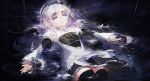  1girl blush boots butterfly_hair_ornament chaika_trabant dress eyebrows frills hair_ornament hairband highres hitsugi_no_chaika lolita_hairband long_hair outstretched_arms partially_submerged puffy_sleeves rain rained ripples silver_hair solo thigh-highs violet_eyes water wet wet_clothes 