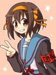  1girl armband brown_eyes brown_hair cardigan grin school_uniform serafuku short_hair smile suzumiya_haruhi suzumiya_haruhi_no_yuuutsu taiki_(6240taiki) v 