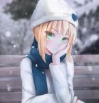  1girl ahoge beanie blonde_hair fate/stay_night fate_(series) green_eyes hat magicians_(zhkahogigzkh) saber scarf snowing solo 