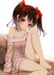  1girl bare_shoulders barefoot black_hair blush bow hair_bow looking_at_viewer love_live!_school_idol_project red_eyes ribbed_sweater short_hair sitting solo sweater twintails yadapot yazawa_nico 