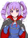  1girl aikatsu! alternate_hairstyle blush cape clearite drill_hair fang hair_ribbon hikami_sumire long_hair looking_at_viewer purple_hair ribbon solo toudou_yurika_(cosplay) twin_drills violet_eyes 