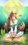  1girl absurdres animal_ears book breasts brown_hair cleavage detached_sleeves fish fox_ears fox_tail full_moon goldfish highres kneeling moon open_book original ponytail red_eyes tail underwater watermark web_address 