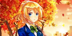  1girl :o autumn ayase_eli blazer blonde_hair blue_eyes evening leaf long_hair looking_at_viewer love_live!_school_idol_project maple_leaf maple_tree outdoors ponytail pov pov_eye_contact school_uniform scrunchie solo white_blouse zonana 