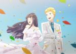  1boy 1girl black_hair blonde_hair blue_eyes ciero confetti couple dress elbow_gloves formal gloves happy husband_and_wife hyuuga_hinata locked_arms long_hair naruto necktie sky smile suit uzumaki_naruto wedding wedding_dress white_eyes white_suit 