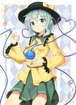  1girl green_eyes green_hair green_skirt hat hat_ribbon highres komeiji_koishi long_sleeves looking_at_viewer nandemo118 open_mouth ribbon short_hair skirt skirt_set solo third_eye touhou wavy_hair wide_sleeves yellow_shirt 