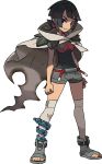  1girl ankle_boots anklet black_hair boots breasts chaps cloak grey_legwear highres holding holding_poke_ball jewelry nintendo official_art over-kneehighs poke_ball pokemon pokemon_(game) pokemon_oras red_eyes short_hair short_ponytail shorts shoulder_pads smile solo thigh-highs toeless_boots transparent_background zinnia_(pokemon) 