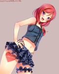 1girl :d blush copyright_name dated flower frilled_skirt frills hand_on_hip highres leg_garter looking_at_viewer love_live!_school_idol_project midriff navel nishikino_maki open_mouth redhead short_hair simple_background skirt smile solo violet_eyes yu-ta 