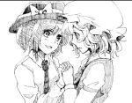  2girls bow dress hair_bow hat holding_hands interlocked_fingers kokonoha_mikage looking_at_another maribel_hearn monochrome multiple_girls necktie open_mouth ribbon short_hair sketch smile touhou usami_renko 