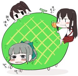  1girl akagi_(kantai_collection) blush_stickers bow chibi eating food fruit gaiko_kujin hair_bow kaga_(kantai_collection) kantai_collection melon ponytail simple_background solo tearing_up white_background yuubari_(kantai_collection) 