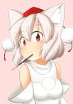  1girl animal_ears bare_shoulders breasts detached_sleeves elu_butyo food food_in_mouth hat inubashiri_momiji looking_at_viewer pink_background pocky pom_pom_(clothes) red_eyes short_hair silver_hair simple_background solo tokin_hat touhou wolf_ears 