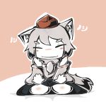  1girl animal_ears closed_eyes detached_sleeves hat inubashiri_momiji kamibukuro outstretched_arms seiza short_hair silver_hair sitting skirt smile solo tail tokin_hat touhou wolf_ears wolf_tail 