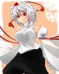 1girl animal_ears bare_shoulders breasts detached_sleeves hat highres inubashiri_momiji large_breasts long_sleeves pom_pom_(clothes) red_eyes short_hair silver_hair solo sorato_jun tail tokin_hat touhou wolf_ears wolf_tail 