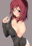  1girl bare_shoulders blush breasts collarbone grey_background kantai_collection long_sleeves looking_at_viewer love_live!_school_idol_project matarou_(genkai_toppa) nishikino_maki off_shoulder panties pocky redhead ribbed_sweater short_hair sweater underwear violet_eyes white_panties 