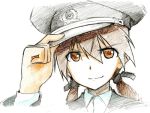  1girl black_ribbon brown_eyes brown_hair gertrud_barkhorn hair_ribbon hand_on_headwear hat jacket long_hair long_sleeves military military_uniform peaked_cap ribbon shiratama_(hockey) simple_background smile solo strike_witches traditional_media twintails uniform white_background 
