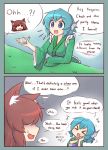  &gt;_&lt; 2girls animal_ears blue_eyes blue_hair brown_hair comic english fang happy head_fins highres imaizumi_kagerou japanese_clothes kimono long_hair mermaid monster_girl multiple_girls open_mouth short_hair touhou wakasagihime wolf_ears wool_(miwol) 