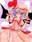  1girl dress faux_traditional_media hair_between_eyes hands_on_head lavender_hair looking_at_viewer mob_cap nana_shibata_(tamjaopa) parted_lips pink_dress puffy_short_sleeves puffy_sleeves red_eyes remilia_scarlet short_hair short_sleeves slit_pupils smile solo touhou wrist_cuffs 