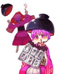  1girl @_@ blood blood_writing bowl chocolate hat highres japanese_clothes kimono minigirl nosebleed obi purple_hair sash short_hair smile solo sukuna_shinmyoumaru touhou violet_eyes yunuki_uta 