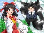  1boy 1girl black_eyes black_hair broly butler crossover detached_sleeves dragon_ball dragon_ball_z dress earrings hair_ribbon hakurei_reimu jewelry long_hair ohoho open_mouth ribbon spiky_hair sweatdrop touhou 