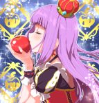 1girl aikatsu! apple blush clearite closed_eyes crown dress food fruit hikami_sumire kiss long_hair purple_hair solo 