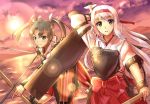  2girls airplane arrow bow_(weapon) brown_eyes flight_deck green_hair hair_ribbon hakama headband japanese_clothes kantai_collection long_hair multiple_girls muneate ribbon shingo_(picturepuzzle) shoukaku_(kantai_collection) silver_hair sunset twintails weapon zuikaku_(kantai_collection) 