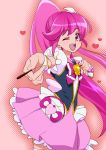  1girl aino_megumi boots cure_lovely earrings hair_ornament happinesscharge_precure! highres jewelry long_hair magical_girl open_mouth pink_eyes pink_hair pocky ponytail precure ribbon skirt smile solo thigh-highs thigh_boots wrist_cuffs zettai_ryouiki 
