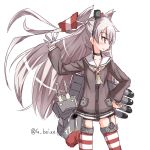  1girl amatsukaze_(kantai_collection) amber_eyes beize_(garbage) choker garter_belt hair_ornament hair_tubes hand_on_hip kantai_collection lifebuoy long_hair long_sleeves mini_hat neckerchief rensouhou-kun sailor_collar sailor_dress silver_hair single_glove striped striped_legwear thigh-highs twintails twitter_username zettai_ryouiki 