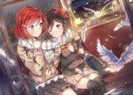  2girls bag bird black_hair black_legwear blush bow cellphone cozyquilt feathers hair_bow hair_ornament hairclip love_live!_school_idol_project multiple_girls nishikino_maki one_eye_closed phone plaid plaid_scarf red_eyes redhead scarf school_bag shared_headphones shared_scarf short_hair sitting skirt smile thigh-highs train train_interior violet_eyes yazawa_nico 