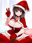  1girl :d black_hair box breasts brown_eyes bursting_breasts capelet cleavage convenient_censoring cosaten gift gift_box hat indian_style miniskirt open_mouth red_legwear santa_hat school_rumble sitting skirt smile suou_mikoto thigh-highs tubetop v 