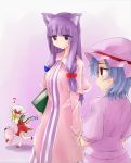  3692materia 3girls animal_ears book cat_ears flandre_scarlet hair_ribbon hat hat_removed headwear_removed highres holding holding_book jitome kemonomimi_mode long_hair multiple_girls musical_note patchouli_knowledge purple_hair remilia_scarlet ribbon touhou 