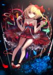  1girl alternate_costume bare_arms bare_shoulders blonde_hair blue_rose bow collarbone dress flandre_scarlet flower hair_bow high_heels highres petals red_dress red_eyes rose side_ponytail smile solo strapless_dress takane_soprano touhou wings 
