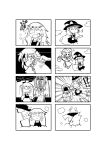  4koma braid broom broom_riding closed_eyes comic hat highres hong_meiling ice kirisame_marisa kunitori long_hair manjuu monochrome multiple_girls open_mouth shovel silent_comic smile surprised touhou twin_braids witch_hat worktool 