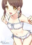  1girl akechi_shizuku bow bow_bra bow_panties bra brown_hair frilled_bra frilled_panties frills kantai_collection low_twintails navel open_mouth panties shirayuki_(kantai_collection) short_twintails thigh_gap twintails twitter_username underwear yellow_eyes 
