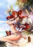  1girl adjusting_hair armpits ass bikini blue_eyes breasts cleavage earrings hair_ornament hair_over_one_eye highres jewelry large_breasts league_of_legends lotion_bottle miss_fortune nal_(nal&#039;s_pudding) redhead sarah_fortune swimsuit tagme 