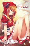  1girl annie_hastur blonde_hair english green_eyes hood league_of_legends legs long_hair looking_at_viewer mikanneko red_hood red_skirt sitting skirt smile solo 