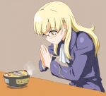  1girl ascot blonde_hair chopsticks eyebrows food glasses hands_together jacket long_hair long_sleeves military military_uniform noodles perrine_h_clostermann ramen shiratama_(hockey) simple_background solo steam strike_witches uniform yellow_eyes 