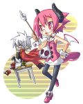  1boy 1girl annoyed bespectacled black_legwear chin_rest choker demon_girl desk disgaea glasses hand_on_hip horns jacket_on_shoulders karina makai_senki_disgaea_3 mao_(disgaea) pantyhose pink_eyes pink_hair pointy_ears raspberyl shoes short_hair shorts sitting skirt sleeveless sleeveless_shirt spiky_hair standing tail teacher white_hair white_skirt wings wrist_cuffs 