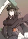  1girl akitsu_maru_(kantai_collection) black_eyes black_hair blurry breasts bust cape depth_of_field gloves hat highres kantai_collection looking_at_viewer military pale_skin scroll short_hair skirt solo tsukamoto_minori white_gloves 