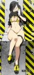  1girl absurdres bikini black_hair black_hood blue_eyes breasts cropped_jacket cross gloves highres hips hood kamezaemon multicolored_hair navel original scarf shoes sitting sneakers solo striped striped_bikini striped_swimsuit swimsuit thigh_strap two-tone_hair under_boob white_hair 