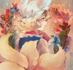  1girl blonde_hair dress facing_away fox_tail hands_clasped hat hat_with_ears long_sleeves multiple_tails profile red_eyes short_hair sleeves_past_wrists solo surumeri_(baneiro) tabard tail touhou wreath yakumo_ran 