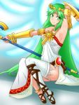  1girl asymmetrical_legwear bare_shoulders breasts cleavage collarbone green_eyes green_hair jewelry katsumi5o kid_icarus kid_icarus_uprising long_hair looking_at_viewer necklace palutena shield sitting smile solo staff thigh-highs tiara very_long_hair 